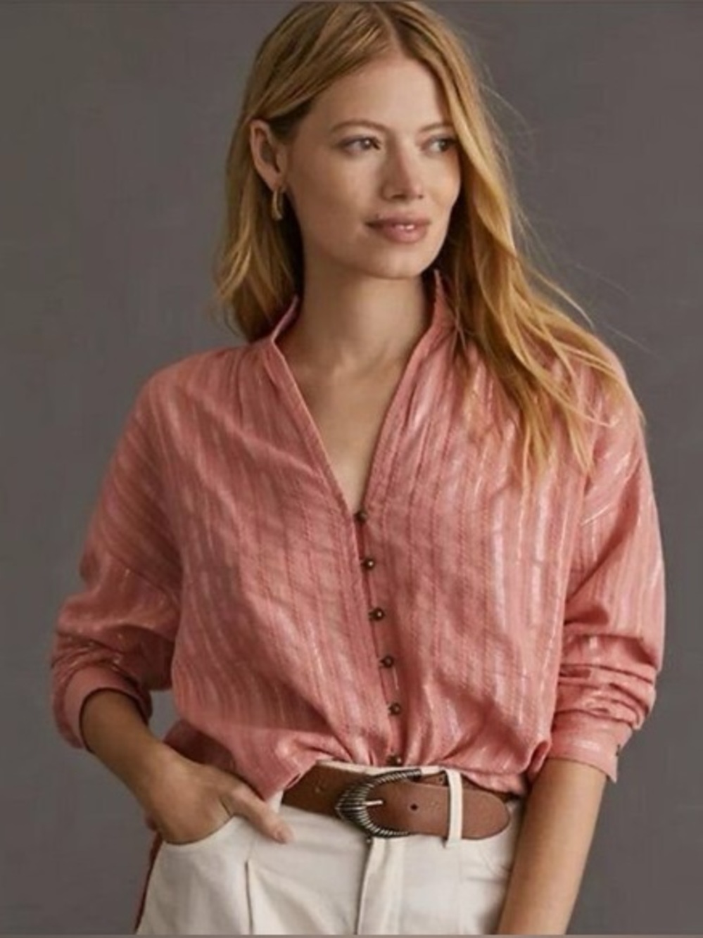 Anthropologie Pilcro Tavi Salmon Pink Metallic Stripe Button Down Blouse EUC S